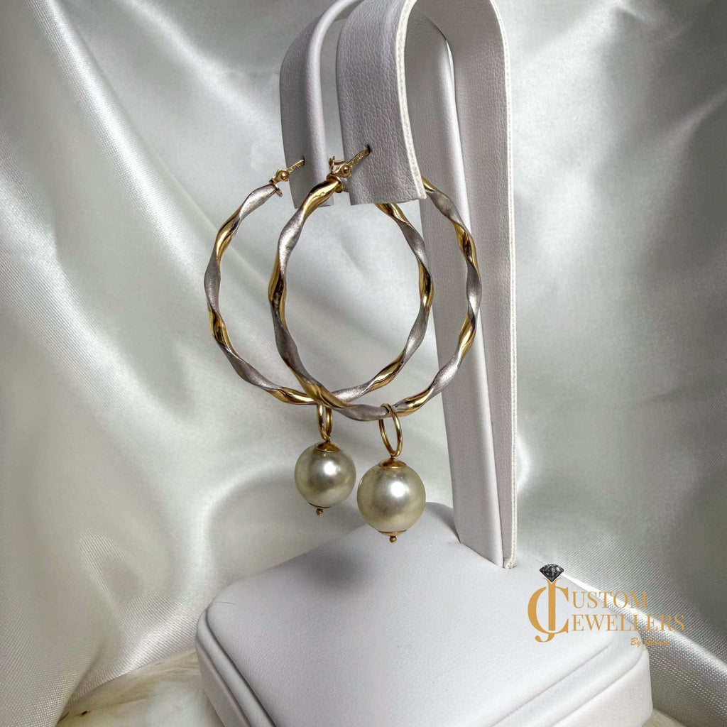 Two-tone two-textured twist hoop pearl earrings with removable synthetic pearls